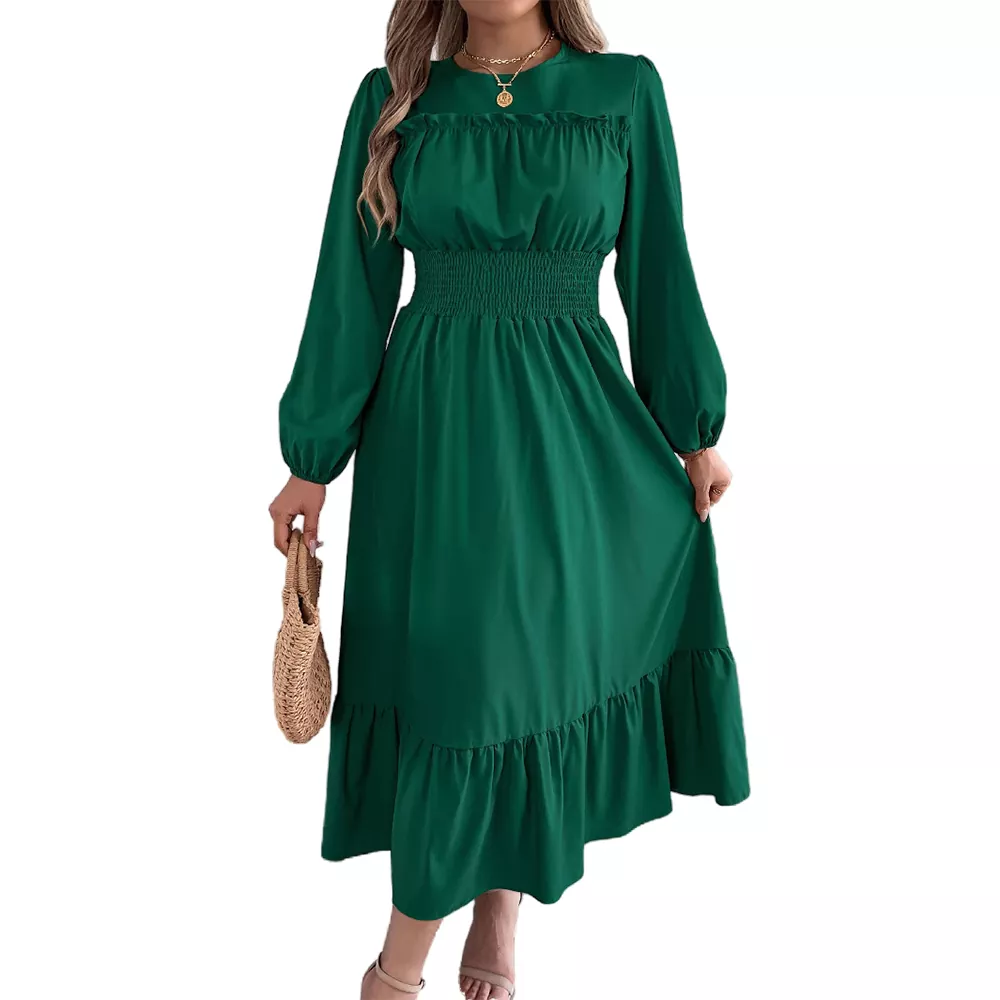Elegant Ruffle Hem Waist-Tied Pleated Maxi Dress
