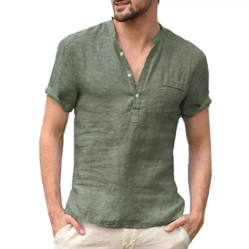 Men's Solid Standing Collar Short Sleeve Shirt